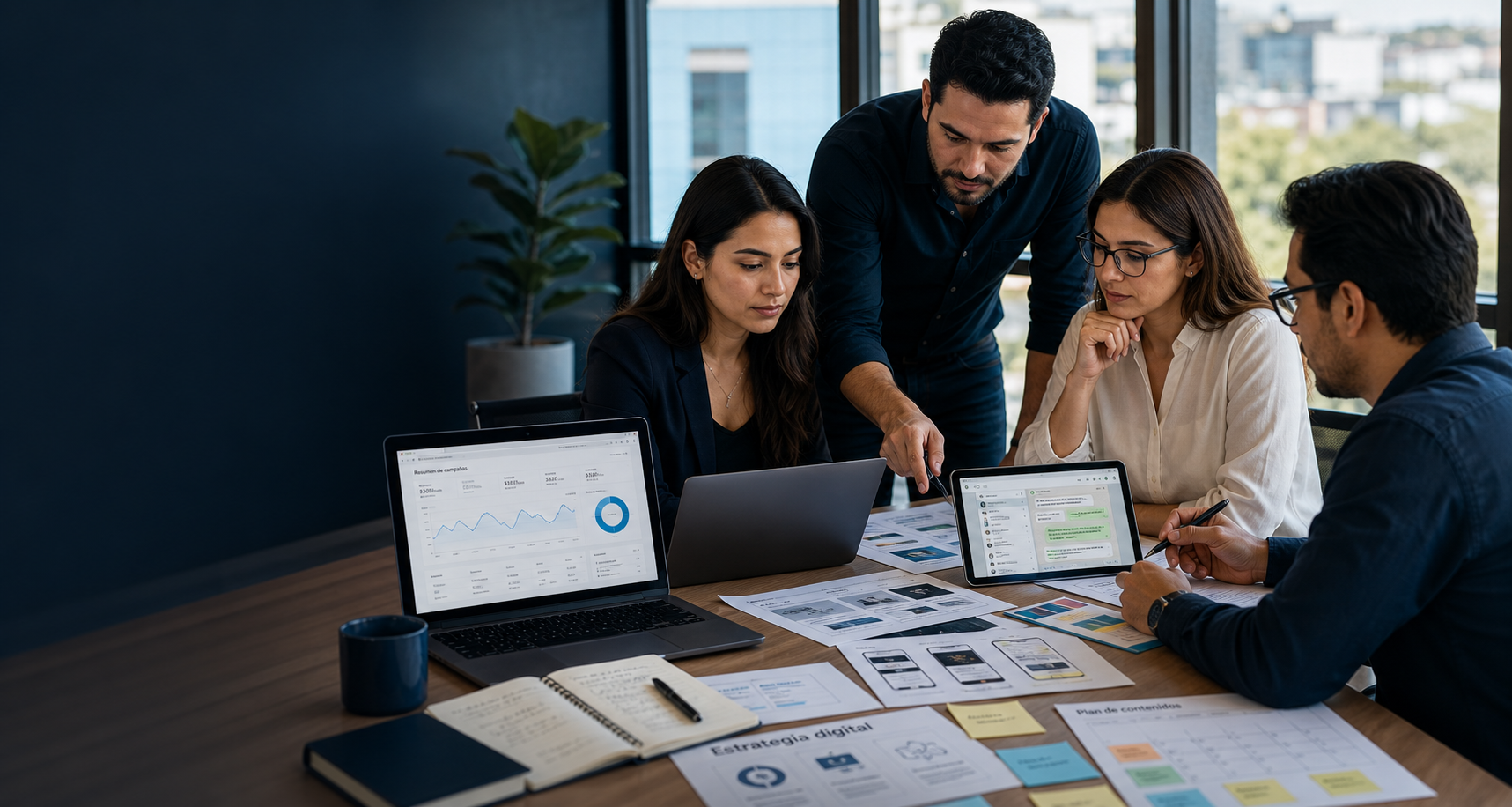 Equipo revisando estrategia digital, sitio web y canales de seguimiento comercial